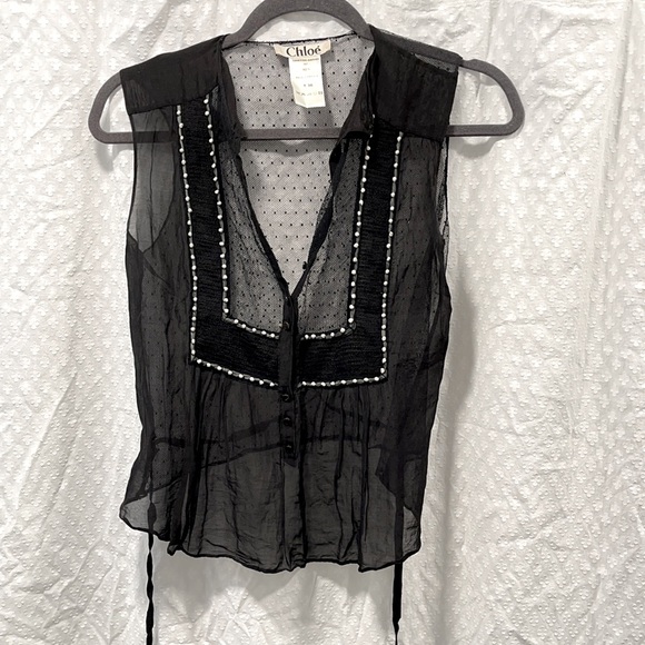 Chloe Tops - CHLOE • black tuxedo bib voile mesh blouse SMALL